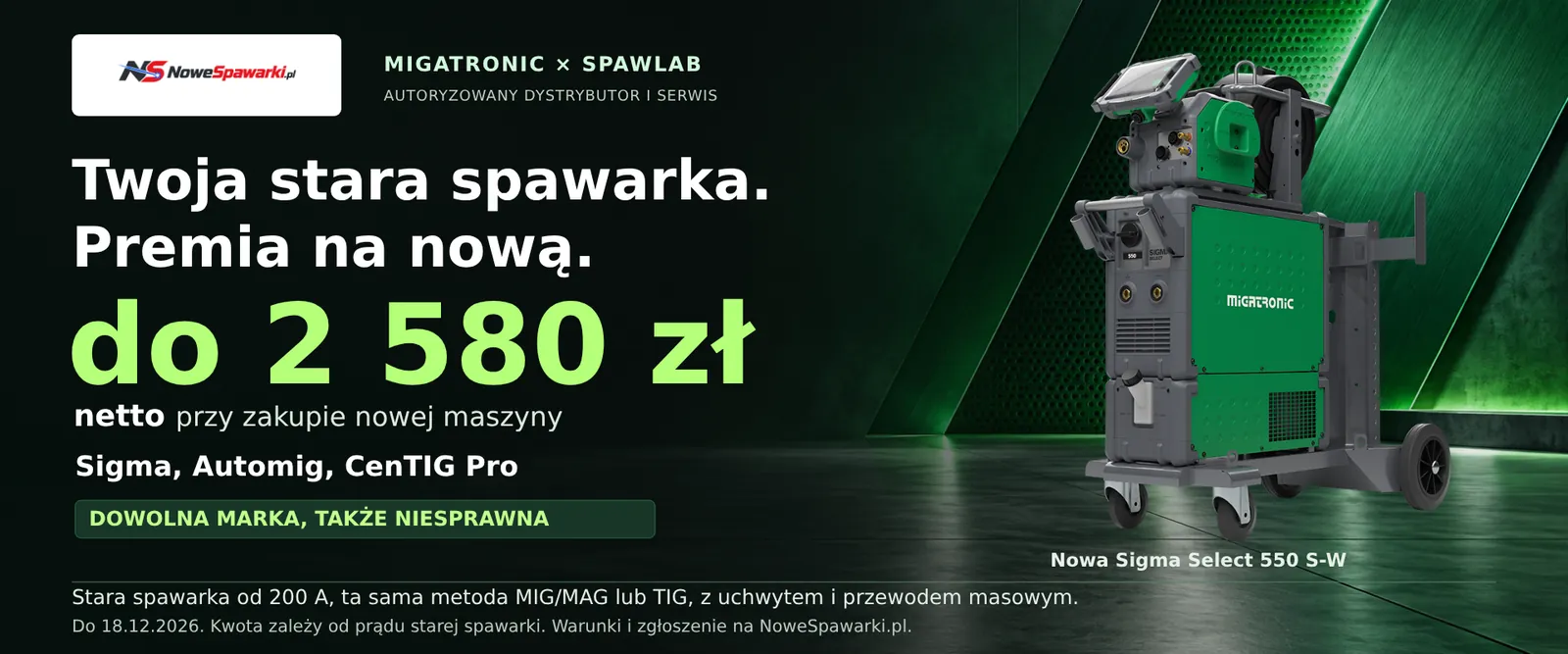 Premia za starą spawarkę: do 2 580 zł netto przy zakupie nowej Migatronic Sigma, Automig albo CenTIG Pro, do 18 grudnia 2026.