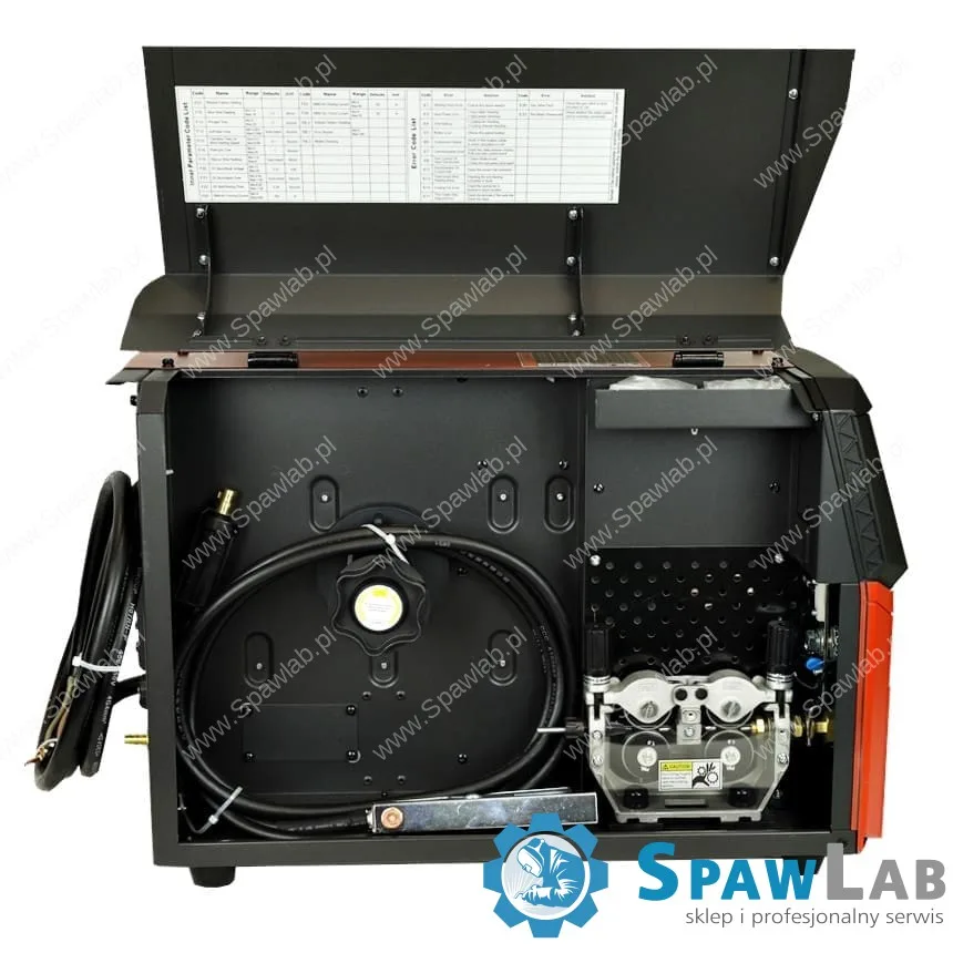 MEGMEET Dex PM3000 Q, otwarta komora podajnika, rolki napędowe i tabela parametrów, Spawlab