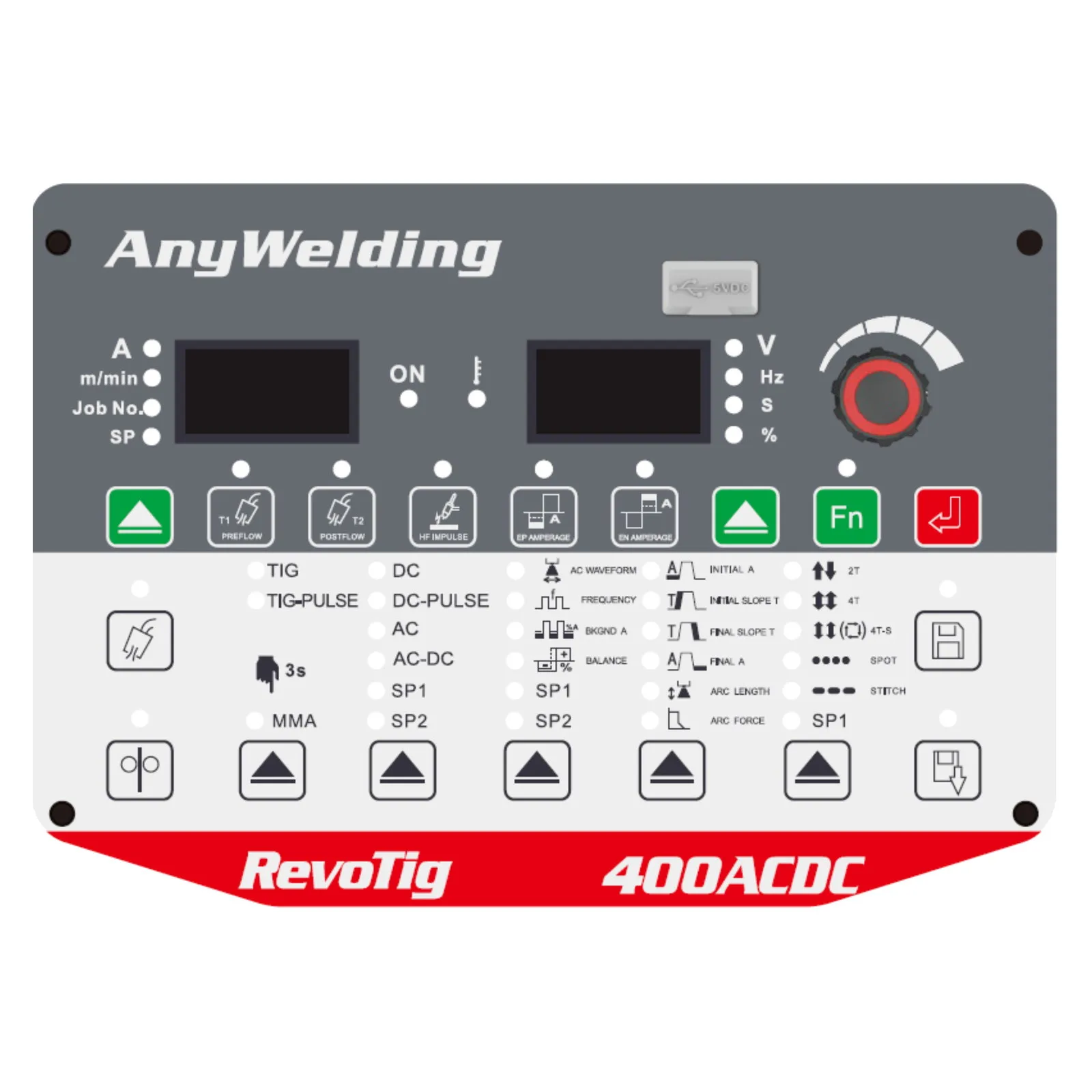 Panel sterowania MEGMEET RevoTig 400ACDC, tryby TIG, TIG puls, AC, AC/DC i MMA, Spawlab