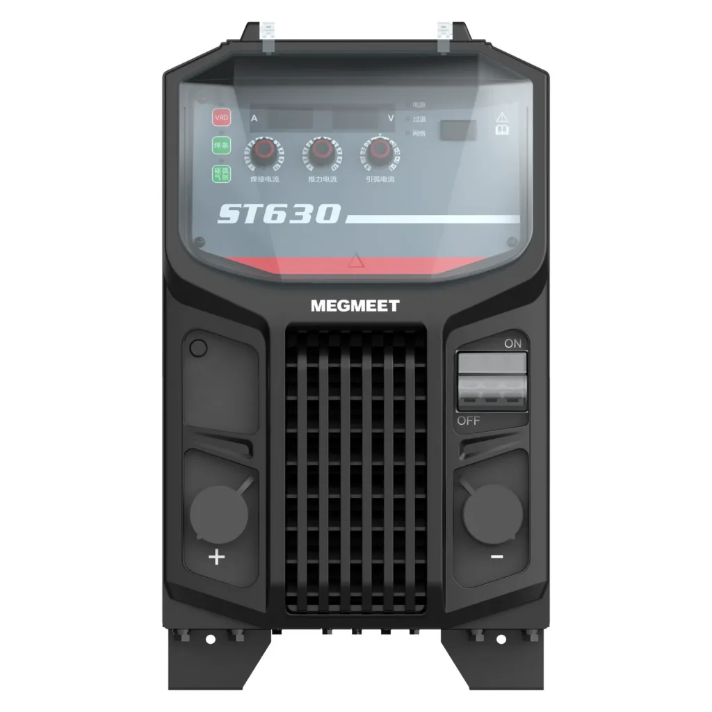 Spawarka MMA MEGMEET ST630, widok z przodu na panel i gniazda prądowe, Spawlab