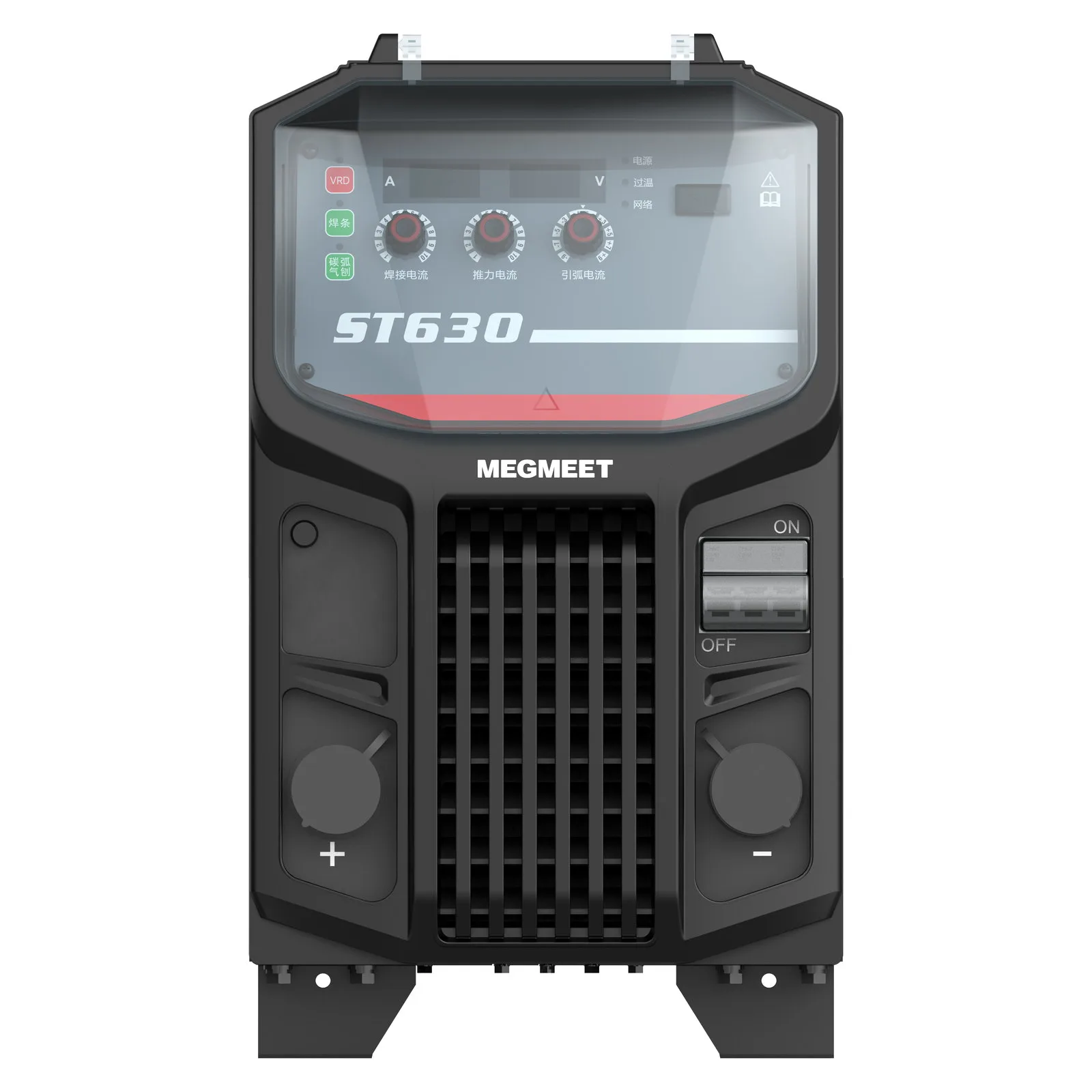 Spawarka MMA MEGMEET ST630, widok z przodu na panel i gniazda prądowe, Spawlab