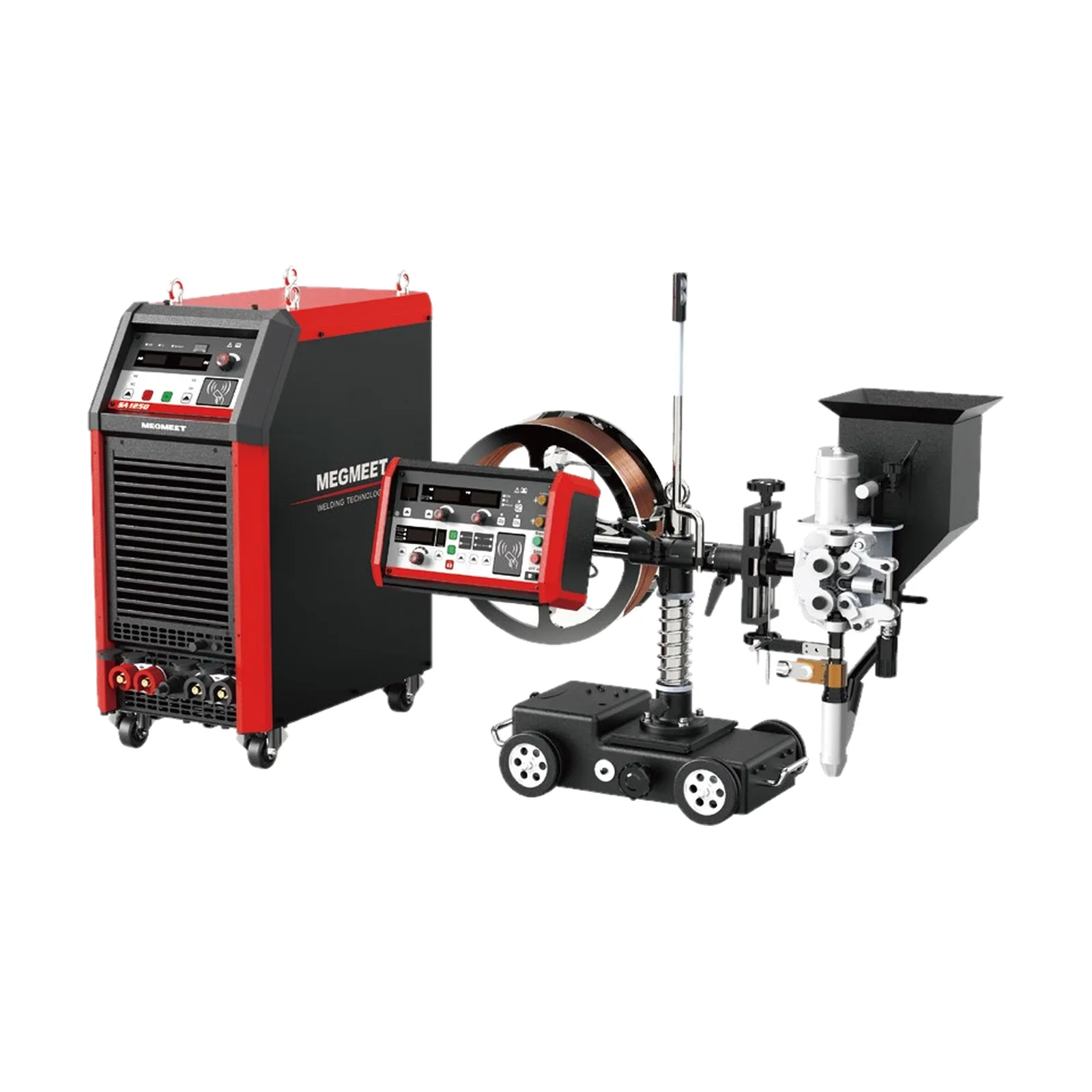 MEGMEET Subtec 1250, zestaw do spawania łukiem krytym: źródło i traktor z głowicą i zasobnikiem topnika, napis SA1250