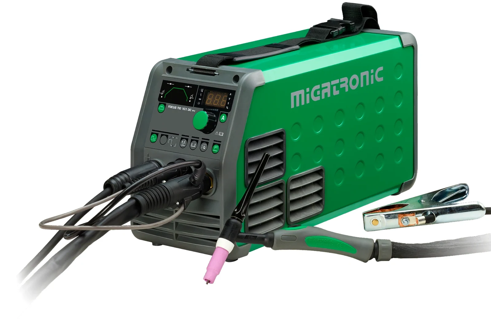 Migatronic Focus TIG 161 DC HP PFC, chłodzenie gazowe, uchwyt TIG Ergo 201 4 m, widok z przodu, Spawlab